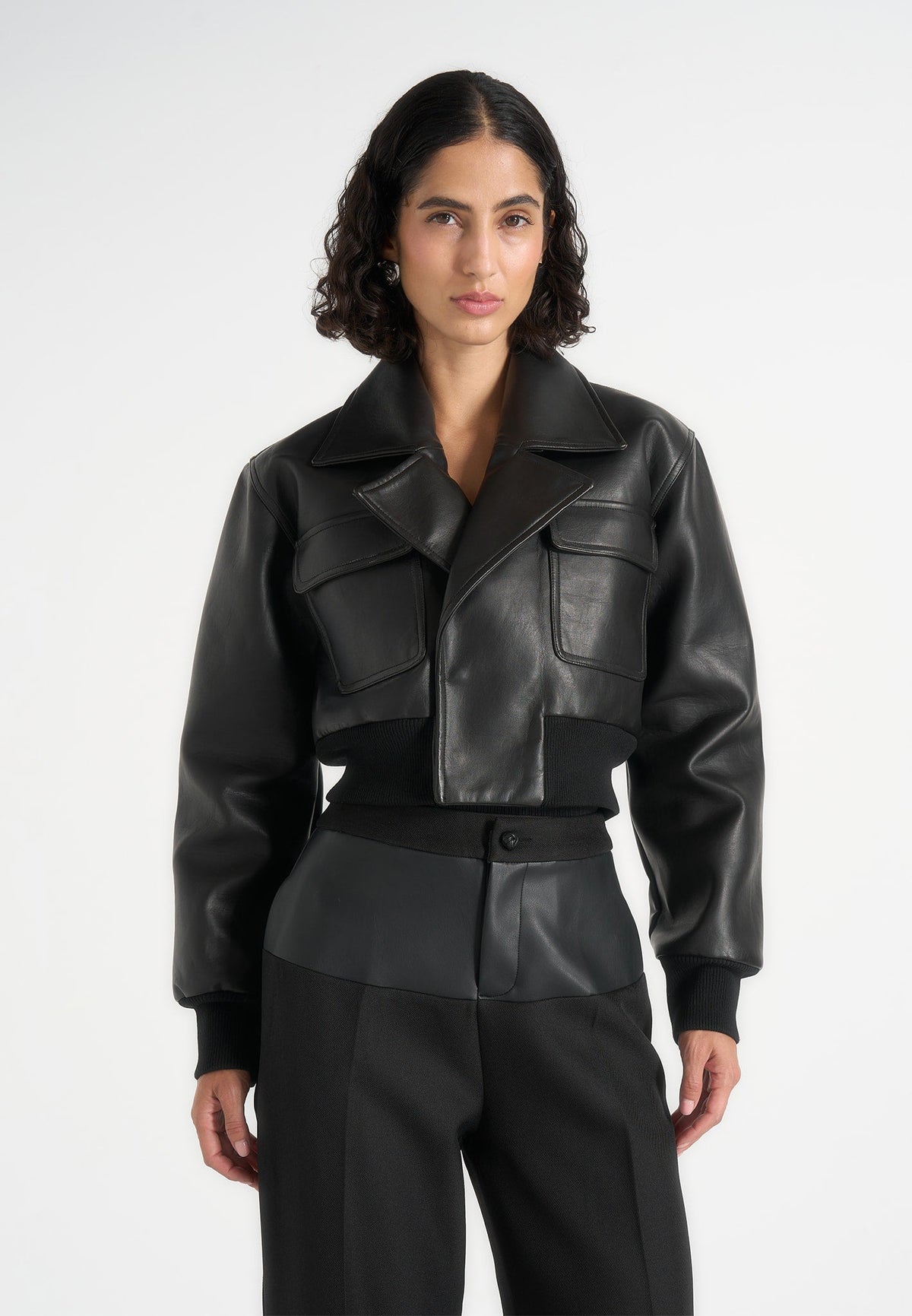 Cosette - Leather Lapel Bomber Jacket - Black