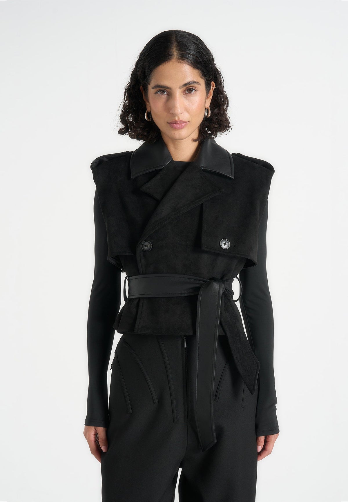Lelia - Cropped Gabardine Trench 2-in-1 Gilet Coat With Belt - Black