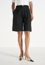 Lorette - Pinstripe Twin Pleat Tailored Shorts - Black