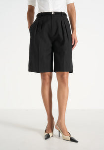 Lorette - Pinstripe Twin Pleat Tailored Shorts - Black