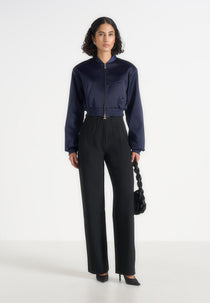 Monique - Satin Wide Shoulder Bomber Jacket - Navy