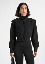Delfina - Suede Layered-Shoulder Cropped Bomber Jacket - Black
