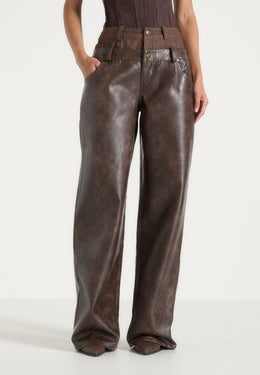 Carmen - Vintage Leather Double Waistband Trousers - Brown