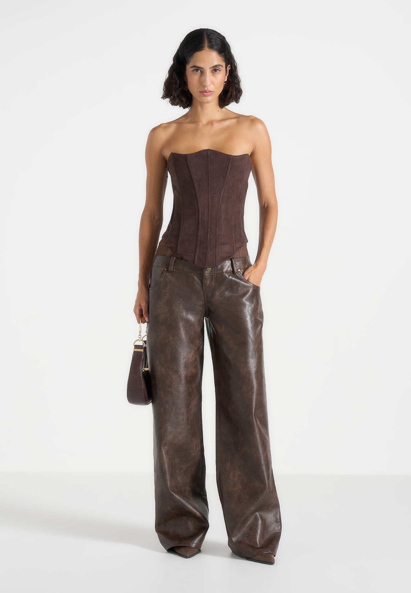 Carmen - Vintage Leather Double Waistband Trousers - Brown
