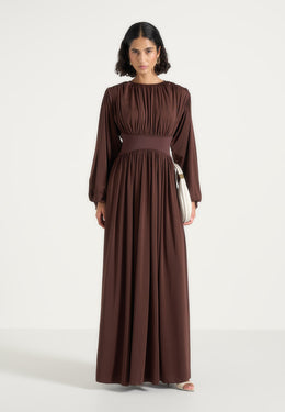 ivana-modest-pleated-cinch-maxi-dress-brown