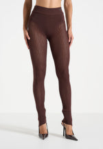 Knitted High Waisted Leggings - Brown