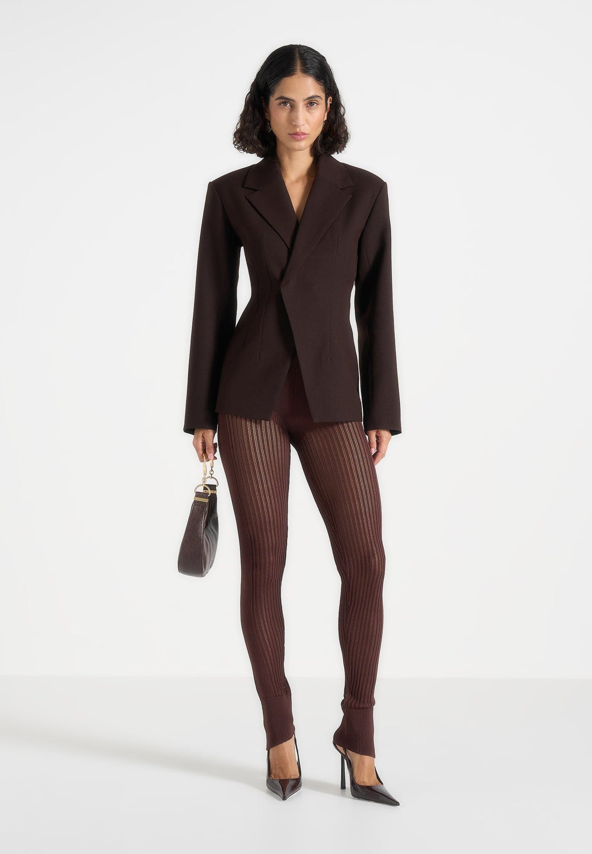 Knitted High Waisted Leggings - Brown