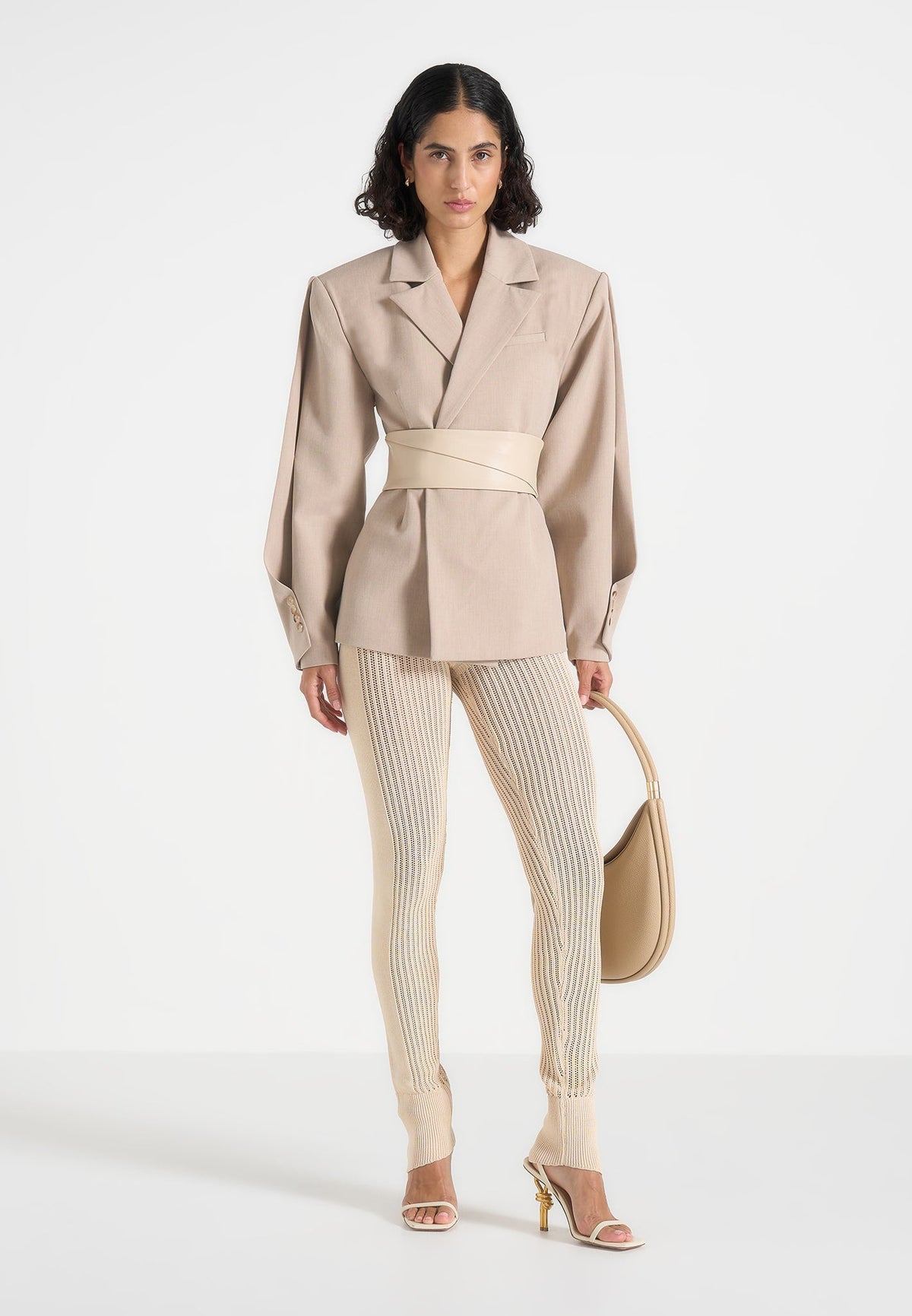 Knitted High Waisted Leggings - Beige