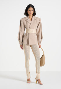 Knitted High Waisted Leggings - Beige