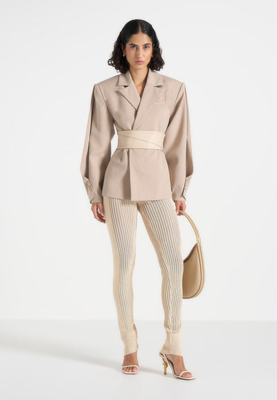 Knitted High Waisted Leggings - Beige