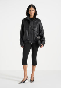 Romain - Unisex Leather Funnel Neck Bomber Jacket - Black