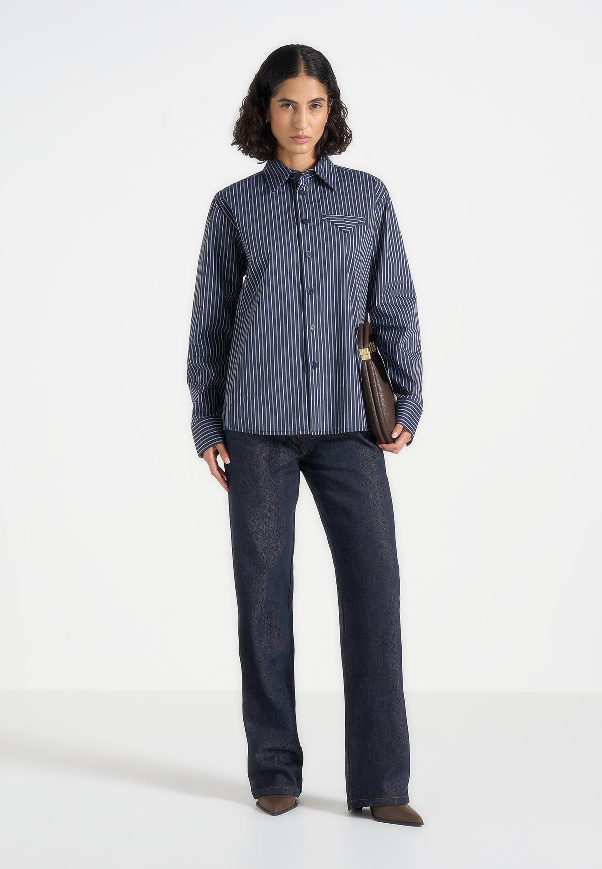 Ronnie - Unisex Pinstripe Long Sleeve Shirt - Navy
