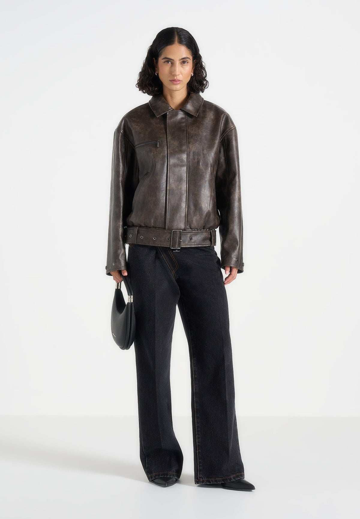 Ezra - Unisex Vintage Leather Belted Bomber Jacket - Brown