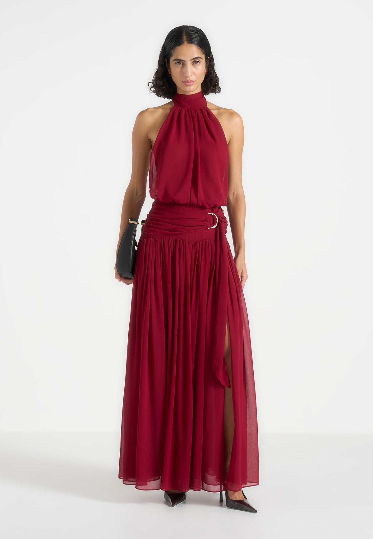 Matilda - Halter Neck Draped Hardware Maxi Dress - Wine Red