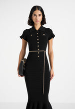 Fantine - Fluted Hem Ottoman Knit Midi Dress - Black