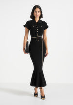Fantine - Fluted Hem Ottoman Knit Midi Dress - Black