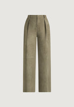 Solene - Suede Wide Leg Pleated Pants - Dark Sage