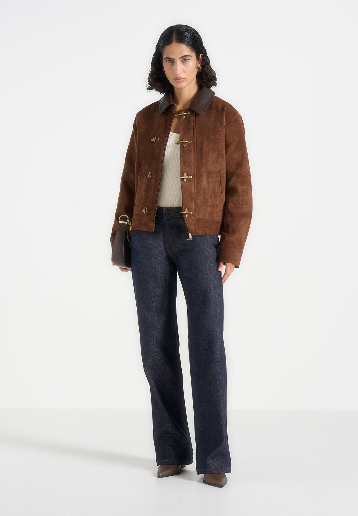 Nino - Unisex Clasp Detail Contrast Stitch Suede Jacket - Tan