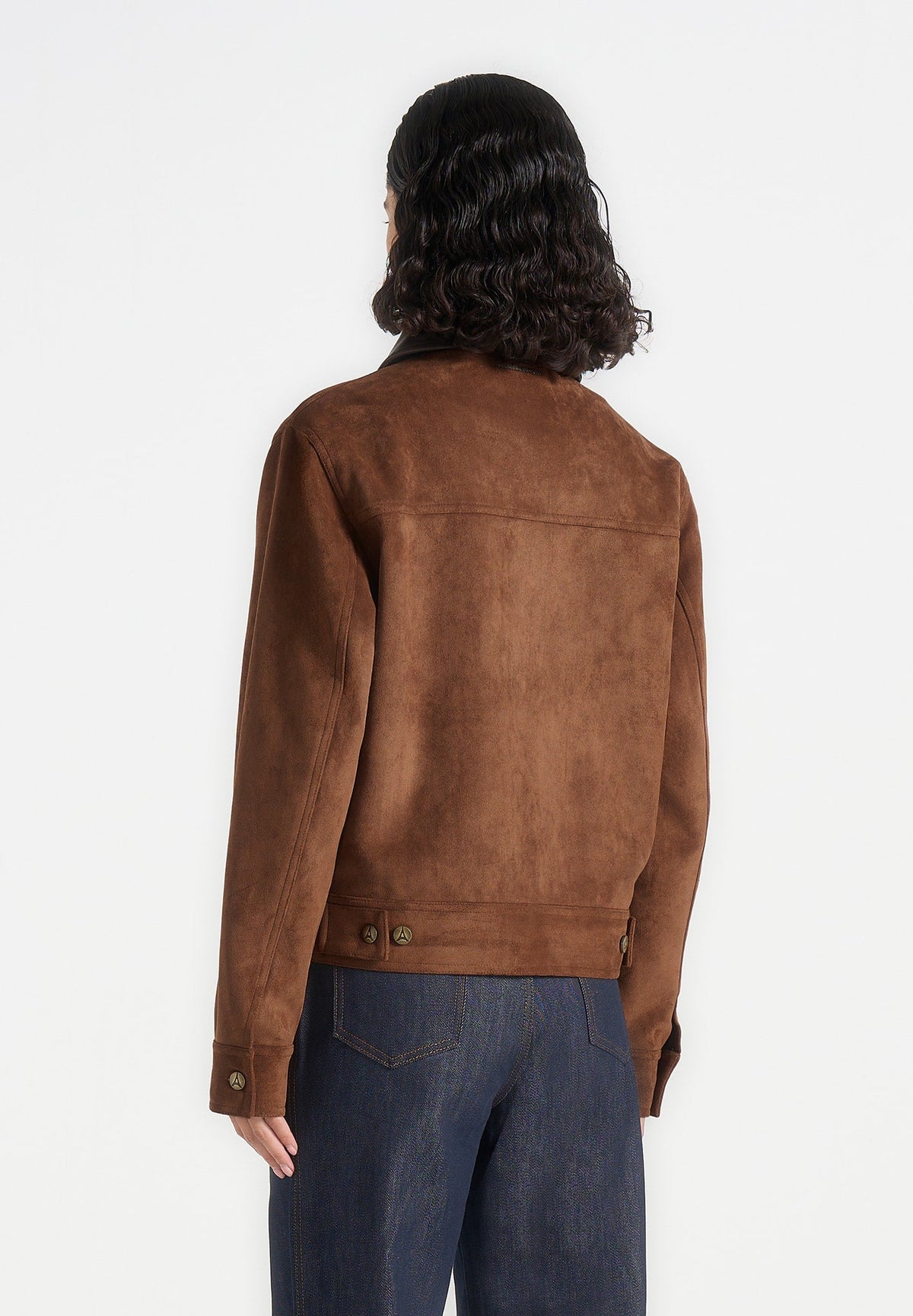 Nino - Unisex Clasp Detail Contrast Stitch Suede Jacket - Tan