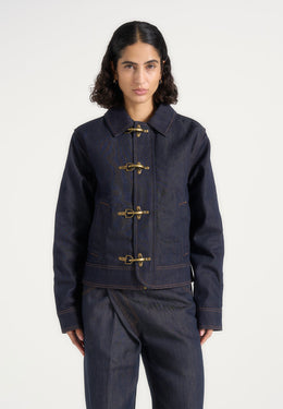 Nino - Unisex Clasp Detail Contrast Stitch Denim Jacket - Indigo
