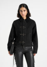Nino - Unisex Clasp Detail Contrast Stitch Gabardine Jacket - Black