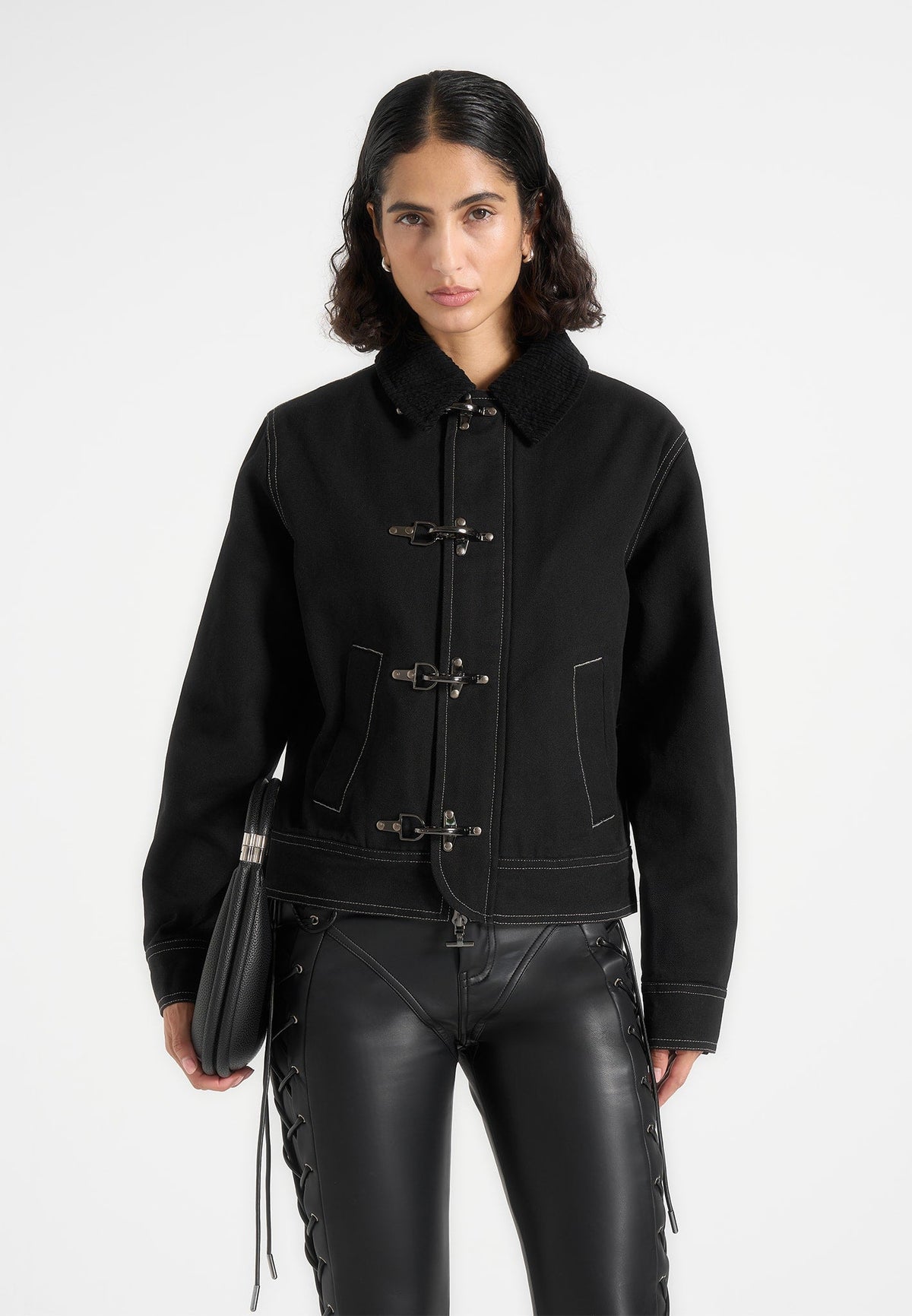 Nino - Unisex Clasp Detail Contrast Stitch Gabardine Jacket - Black