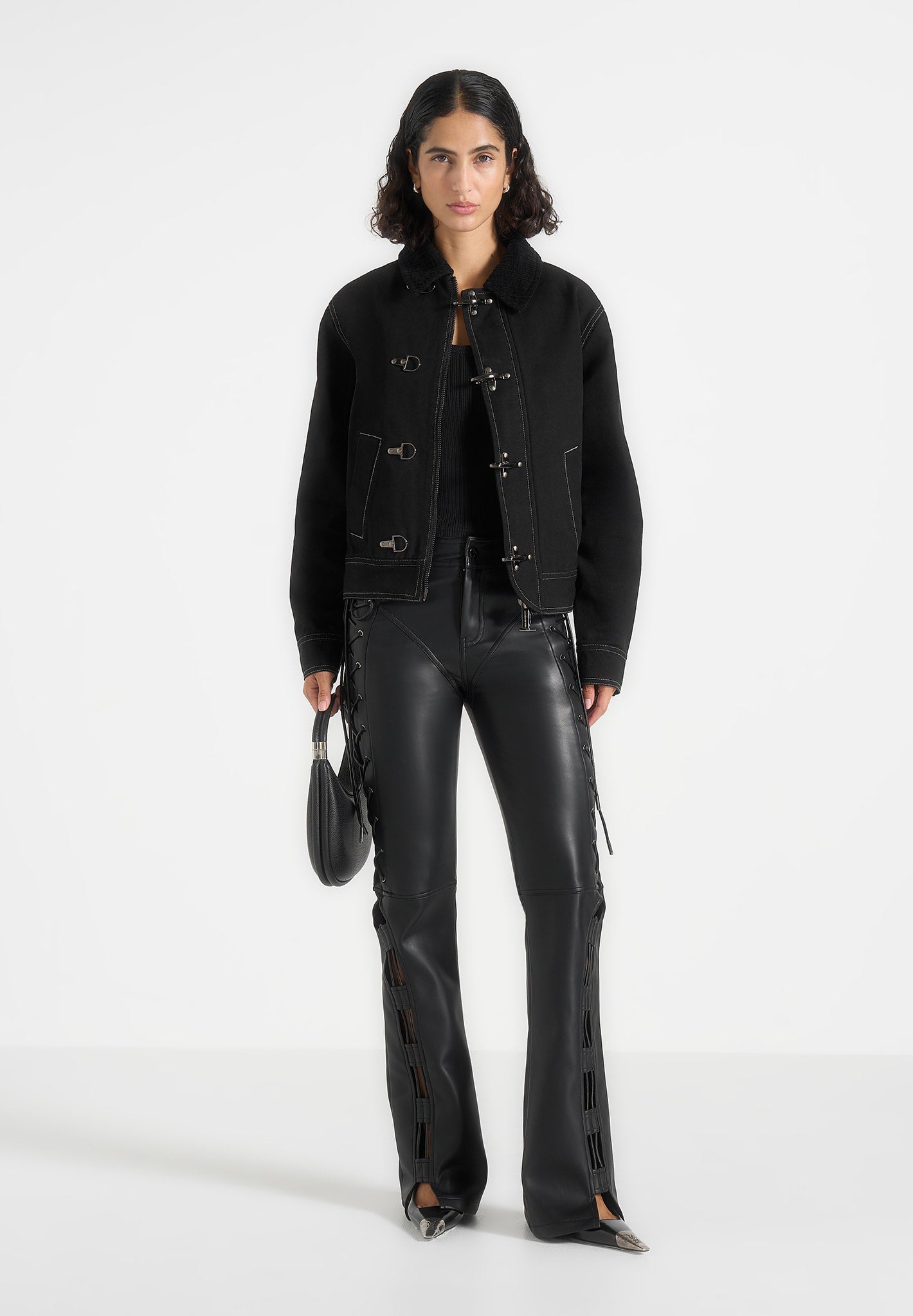Nino - Unisex Clasp Detail Contrast Stitch Gabardine Jacket - Black