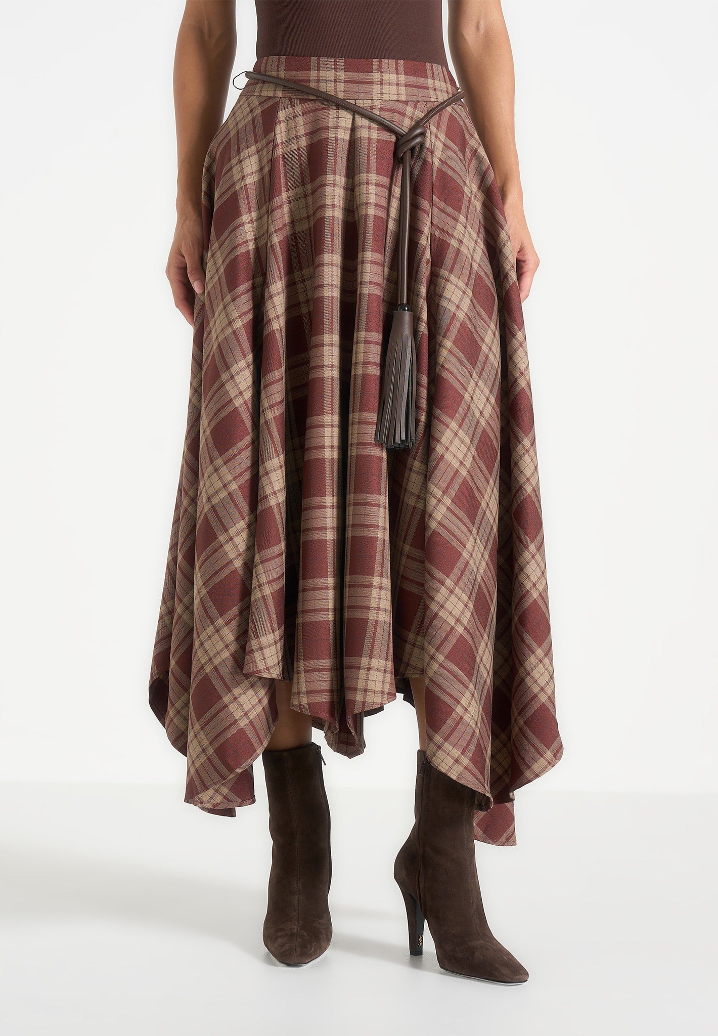 Spencer - Check Handkerchief Midi Skirt With Tassel Belt - Brown