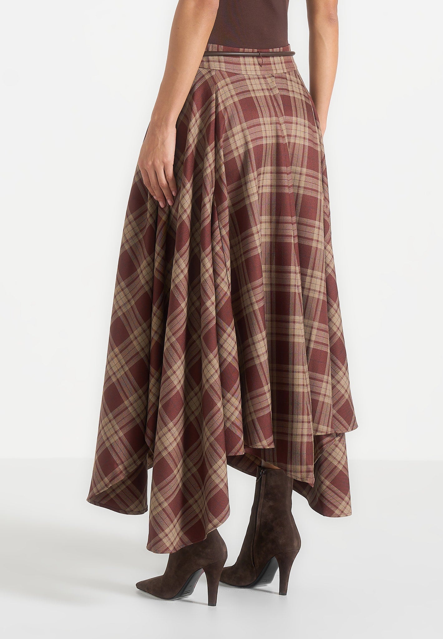 Spencer - Check Handkerchief Midi Skirt With Tassel Belt - Brown