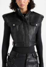 Imelda - Leather Cropped Wide Shoulder Sleeveless Jacket - Black