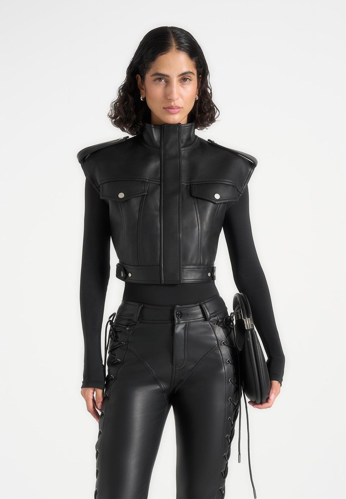 Imelda - Leather Cropped Wide Shoulder Sleeveless Jacket - Black