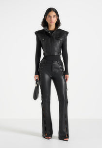 Imelda - Leather Cropped Wide Shoulder Sleeveless Jacket - Black