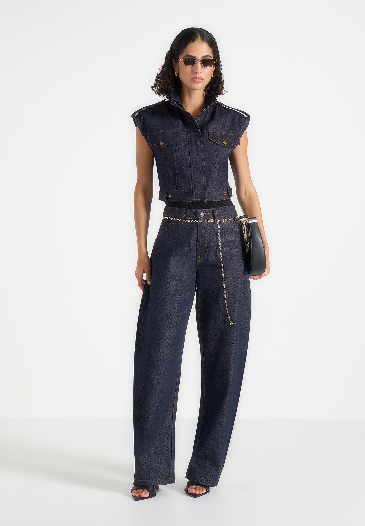 Imelda - Denim Cropped Wide Shoulder Sleeveless Jacket - Indigo
