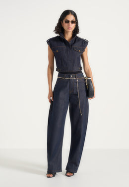 Imelda - Denim Cropped Wide Shoulder Sleeveless Jacket - Indigo