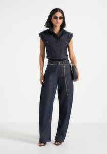 Imelda - Denim Cropped Wide Shoulder Sleeveless Jacket - Indigo