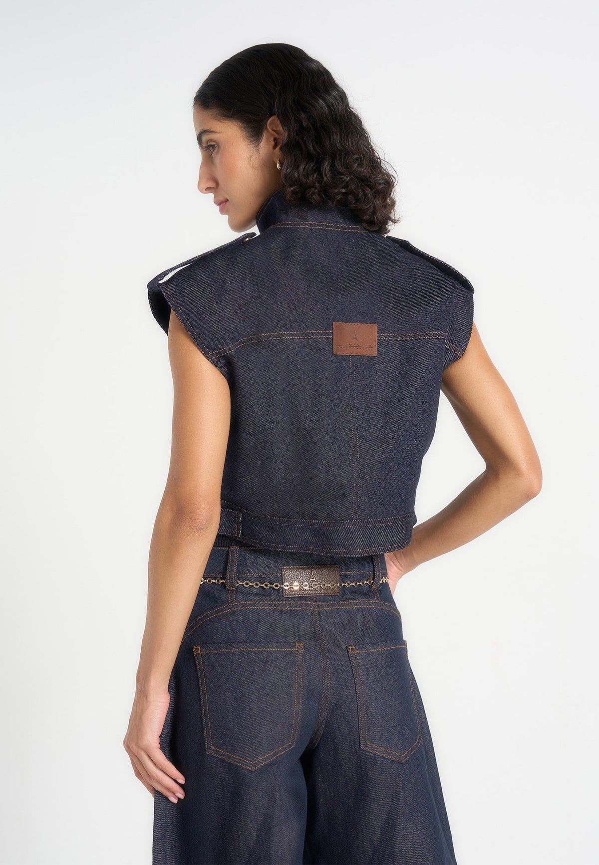 Imelda - Denim Cropped Wide Shoulder Sleeveless Jacket - Indigo