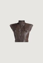 Imelda - Croc Embossed Wide Shoulder Sleeveless Jacket - Brown