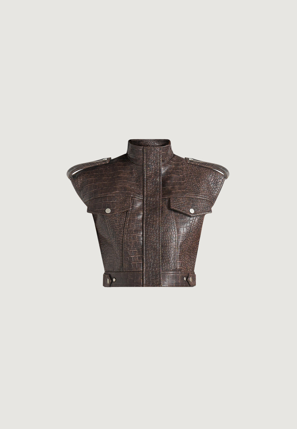 Imelda - Croc Embossed Wide Shoulder Sleeveless Jacket - Brown