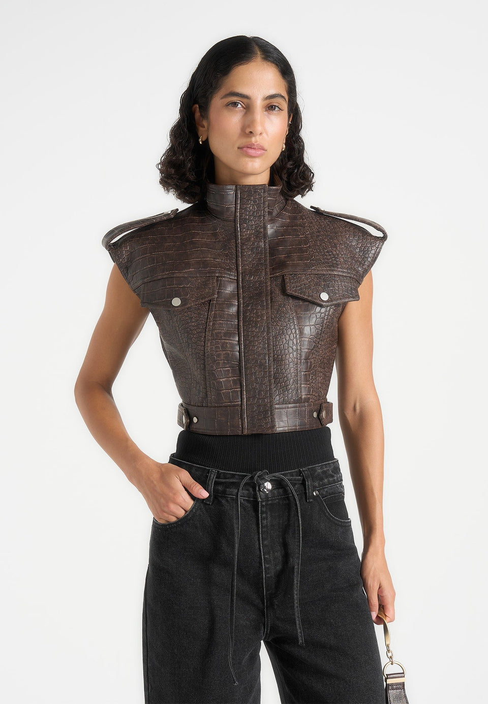 Imelda - Croc Embossed Wide Shoulder Sleeveless Jacket - Brown
