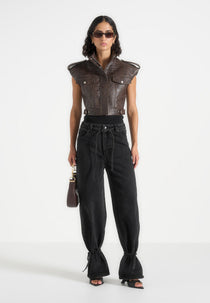 Imelda - Croc Embossed Wide Shoulder Sleeveless Jacket - Brown