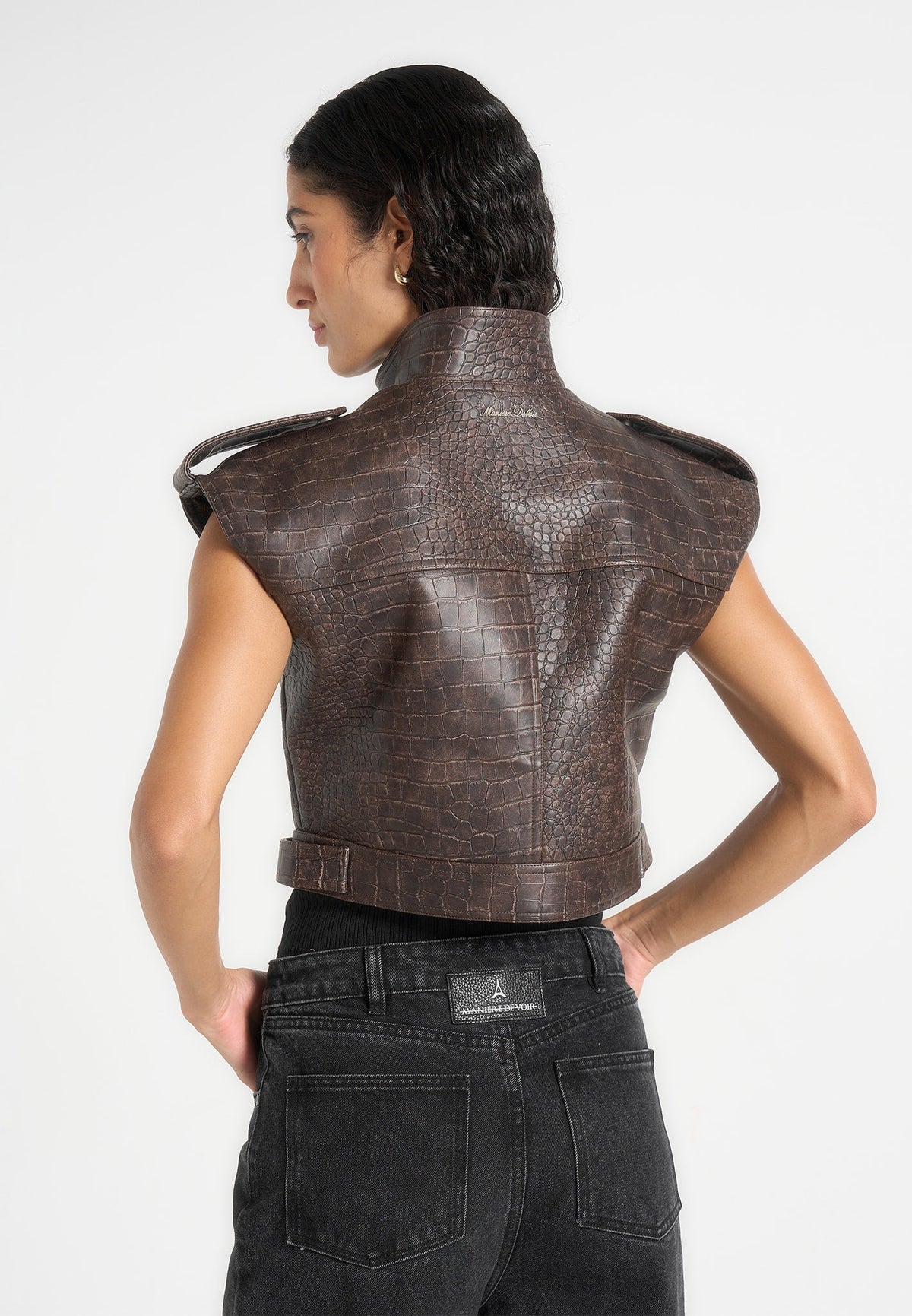 Imelda - Croc Embossed Wide Shoulder Sleeveless Jacket - Brown