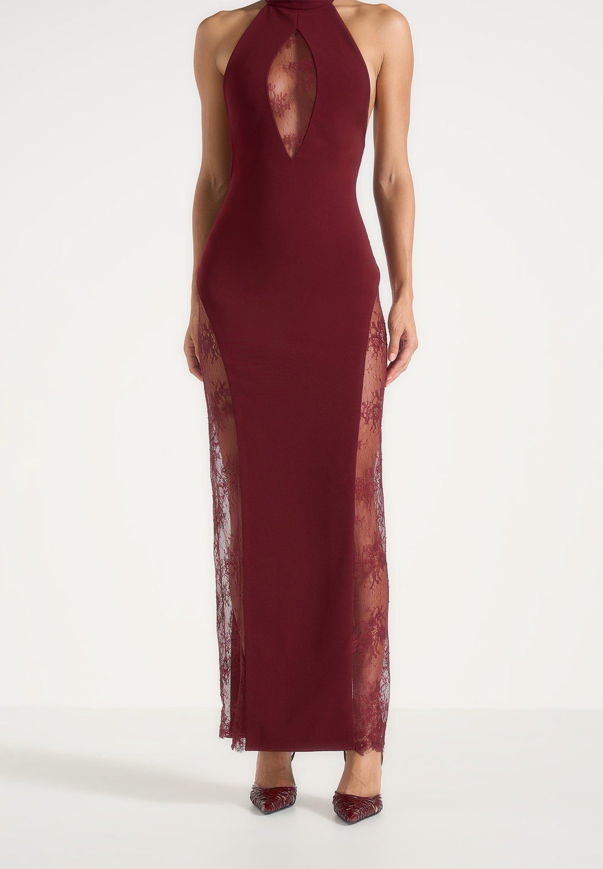 Jessica - Contour Lace Halter Drape Neck Maxi Dress - Wine Red