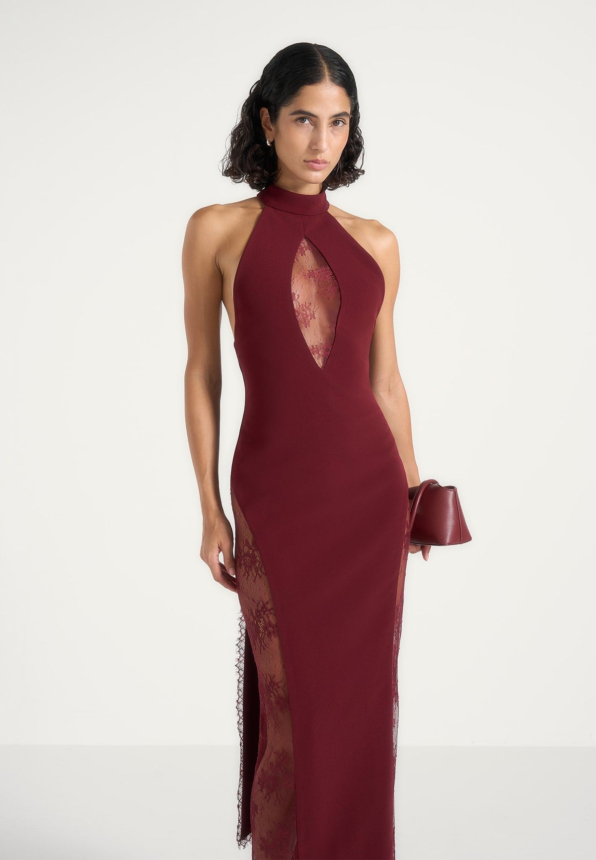Jessica - Contour Lace Halter Drape Neck Maxi Dress - Wine Red