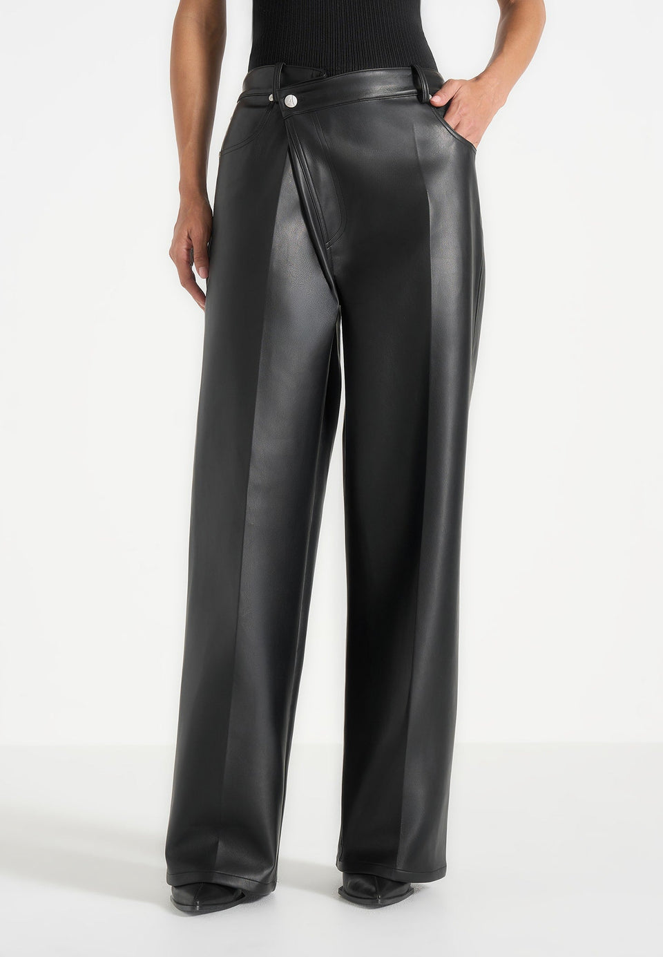 Astrid - Wrapover Wide Leg Leather Trousers - Black