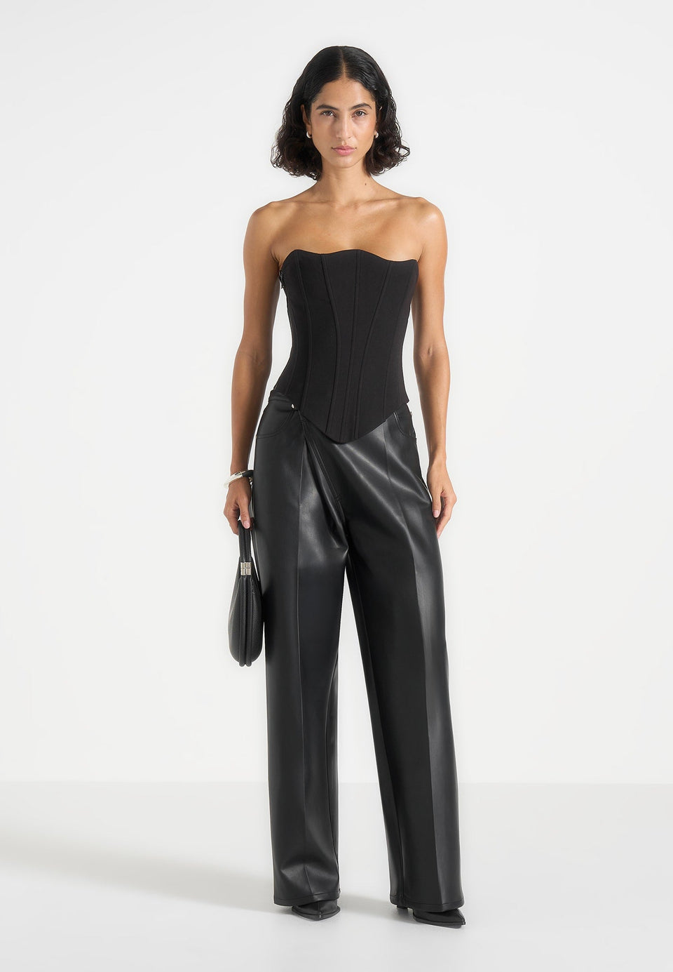 Astrid - Wrapover Wide Leg Leather Trousers - Black