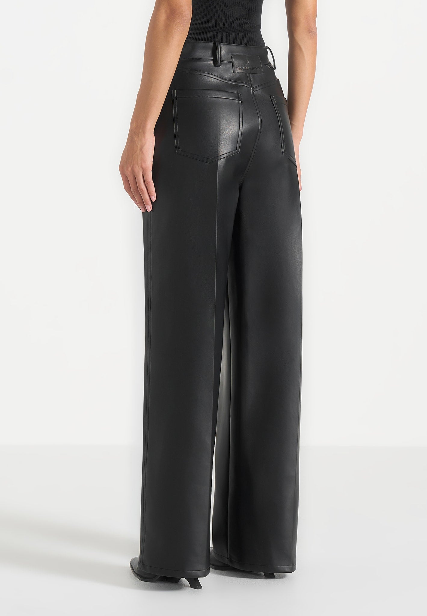 Astrid - Wrapover Wide Leg Leather Trousers - Black