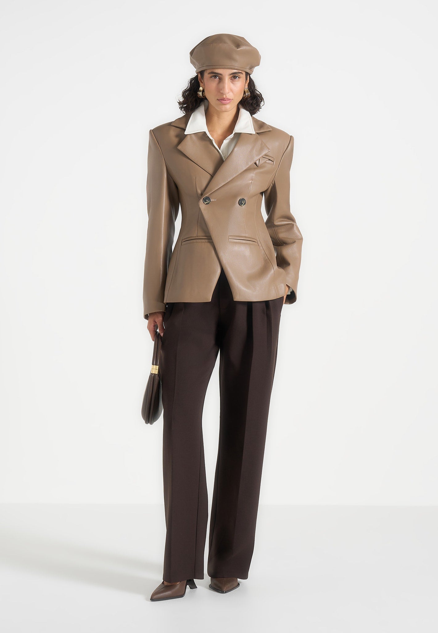 Beatrice - Leather Double Breasted Hourglass Blazer - Taupe