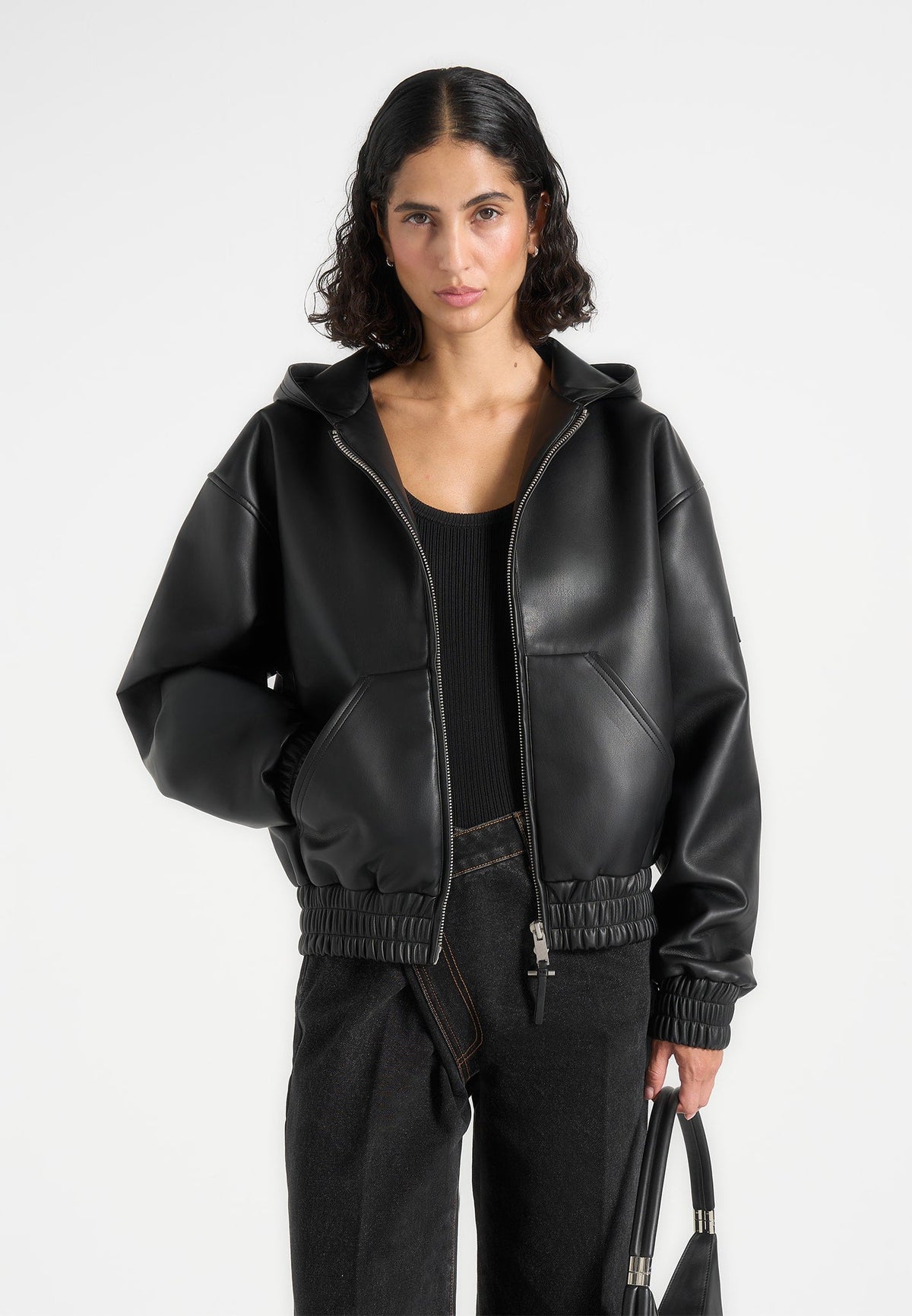 Jude - Unisex Leather Zip-Through Hooded Jacket - Black