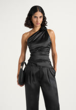 Heidi - One Shoulder Satin Rosette Top - Black