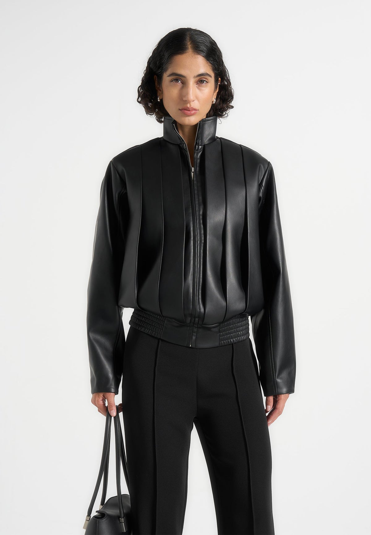 Piper - Oversized Pleated Leather Bomber Jacket - Black